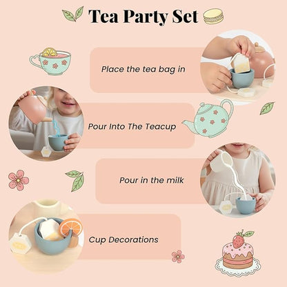 Wooden Tea Sets for Toddlers 3-5, Girl Chrismas Birthday Gift 3 Year Old Princess Party, Wooden Play Food Toy Sets for Kids Kitchen Accessories
