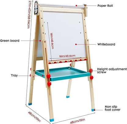 Children's Art Easel with Paper Roll,Double-Sided Whiteboard&Chalkboard,Adjustable Magnetic Standing Easel with Numbers and Other Accessories,Painting Easel for Girls Boys