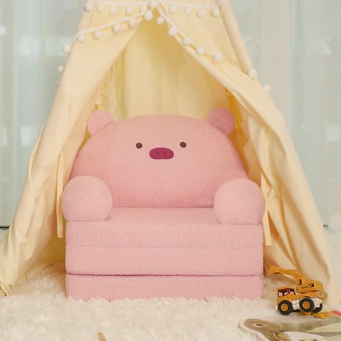 MOONBEEKI Comfy Toddler Chair, Kids Couch Fold Out to Lounger, Foldable Baby Sofa Plush for Girl and Boy Age 18 Months and Up （Pig）