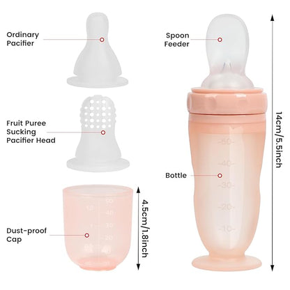 Baby Multifunctional Complementary Food Bottle, Silicone Milk Bottle 3-in-1, Including Dispensing Spoon, Regular Nipple and Fruit Puree Feeding Nipple, Auxiliary Weaning Bottle