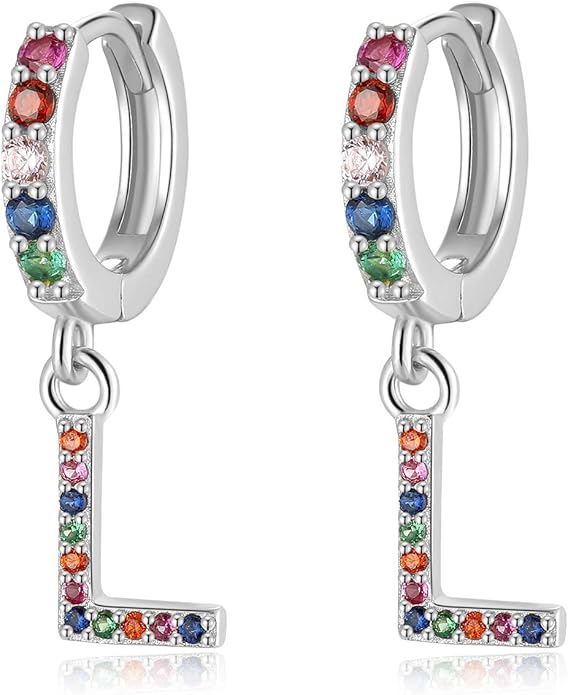 Presentski Initial Earrings 925 Sterling Silver Colorful Huggie Small Hoop Earrings Rainbow CZ Drop Dangle Simple Alphabet Earrings S925 Hypoallergenic Earring Letter A-Z for Daughter Women