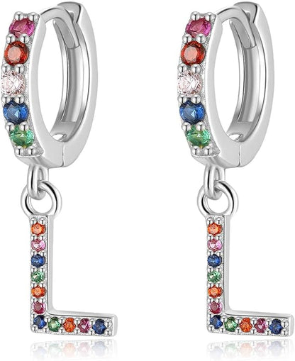 Presentski Initial Earrings 925 Sterling Silver Colorful Huggie Small Hoop Earrings Rainbow CZ Drop Dangle Simple Alphabet Earrings S925 Hypoallergenic Earring Letter A-Z for Daughter Women