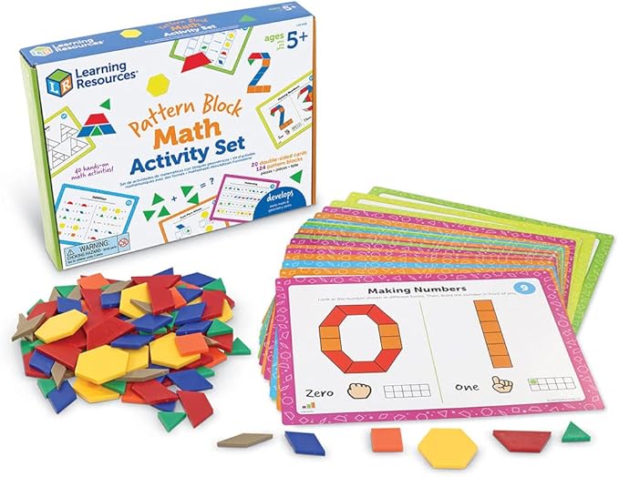 Learning Resources Pattern Block Math Activity Set, Math Games for Kids, Educational Games, Preschool Math, Montessori, 144 Pieces, Age 5+