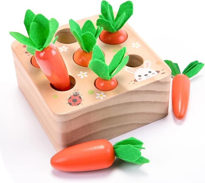 Montessori Toys for 1 Year Old, Carrots Harvest Wooden Baby Toys for 6-12 Months Educational Shape Sorting Matching Toys for Toddler Fine Motor Skill Development, Gift for Kids Birthday Easter Toys