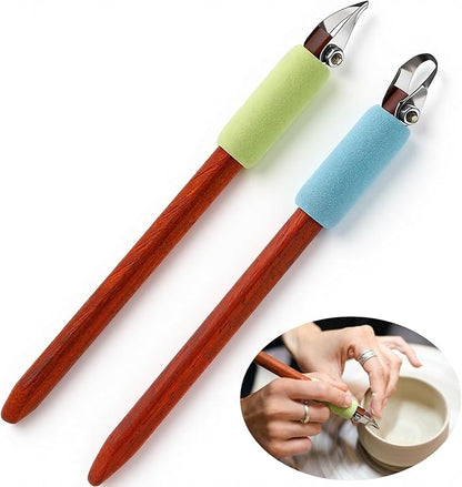 Leriton 2 Pack Pottery Carving Tool Set 6in Sculpture Carving Scraper Tool Pottery Modelling Shape for Tea Cup Mug Vase Leather Hard Clay Cutters with Wooden Handle for Ceramic Sculpture Craft