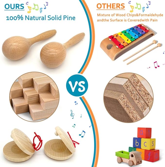 Toddler Musical Instruments - Natural Wooden Musical Toys Montessori Toys Percussion Instruments Set Preschool Educational Xylophone Kids Drum Set with Storage Bag for Boys and Girls