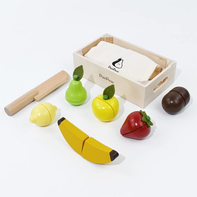 PairPear Wooden Play Food Cutting Fruit Set - Wooden Toys for Toddlers Toy Food Play Kitchen Accessories