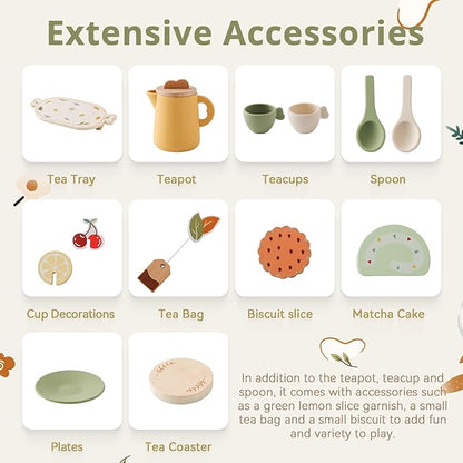 Tea Party Set for Kids - Wooden Tea Set for Little Girls 14PCS Silicone Toddler Tea Set Kitchen Accessories Pretend Play Toy Tea Set for Toddlers - Birthday Gift