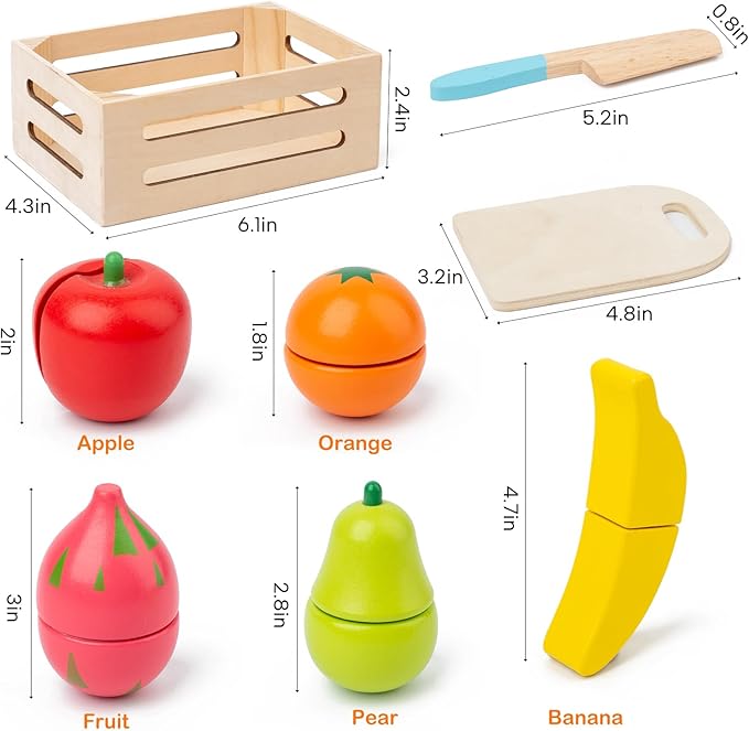 Wooden Play Food Sets for Kids Kitchen, Pretend Play for Toddlers, Montessori Wooden Food Toys, Velcro Cutting Fruit Toys, Play Food for Kids Ages 4-8, Boys Girls Birthday Gifts