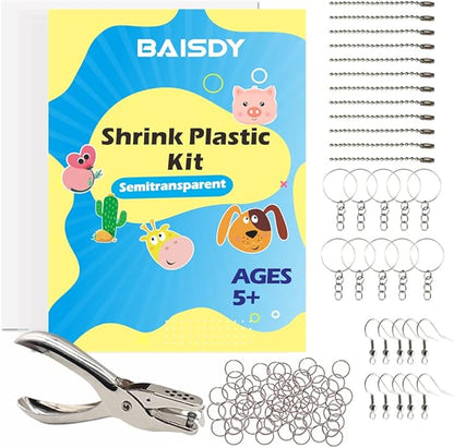 BAISDY 151Pcs Heat Shrink Art Kit with Hold Punch - 20Pcs Blank Shrink Plastic Sheets 130Pcs Keychain Earrings DIY Accessories for Kids Craft
