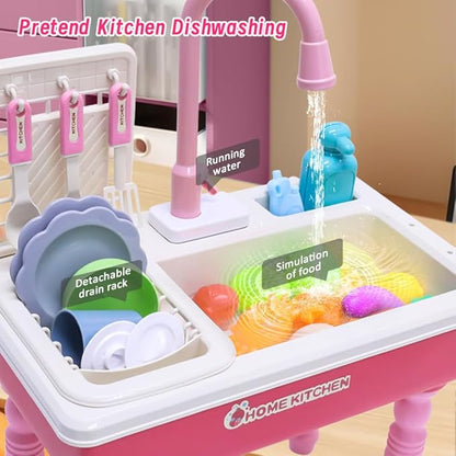 Play Kitchen Sink Toys with Running Water, Toddler Electric Dishwasher Playing Toy with Cutting Foods, 33 PCS Pretend Role Play Accessories Set, Learning Gift for Girls Boys (Pink)