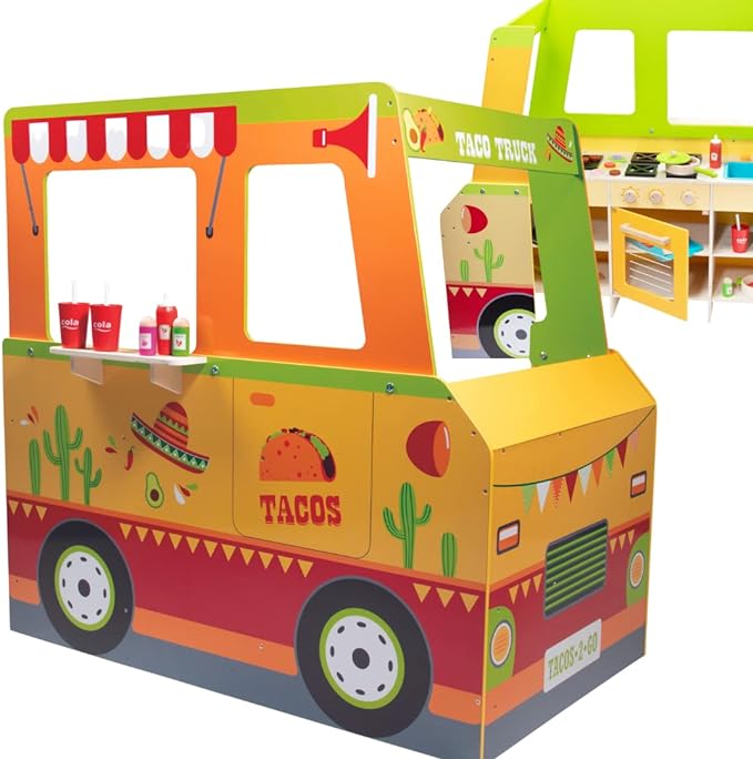 Taco Truck Wooden Playset, 30 Toy Pieces- Cook Top, Steering Wheel Sink Sticker Sheet for Kids Name- Food, Taco Shells, Cheese, Patties- Dual Sided Activity Play Stand Set for Indoor Fun, Ages 3+ Gift
