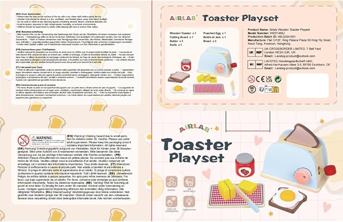 Airlab Play Kitchen Accessories Toddlers 1-3 Wooden Pop-up Toaster Toy Play Food Kids Age 1 2 3, Bread, Butter, Poached Egg Cutting Pretend Toys for 2-4 Year Old Toddlers Boys Girls