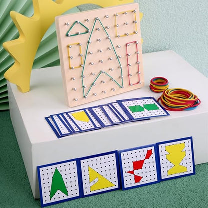 Wooden Geoboard - Montessori Toys for 3~6 Year Old Kids and Toddlers, Educational Toy with 24 Pattern Cards and 60 Rubber Bands to Create Figures, Brain Teaser STEM Toy Geo Board