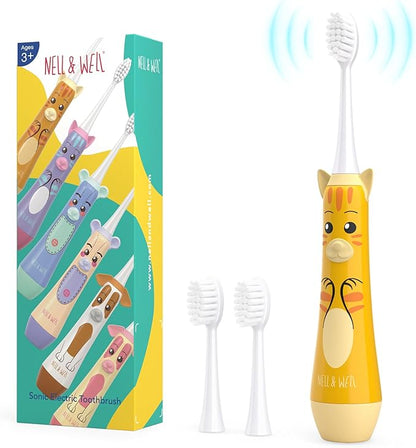NELL&WELL Kids Electric Toothbrush, 2-Min Timer, 3 Modes with Memory, IPX 7 Waterproof, Battery Powered Kids Toothbrush with 3 Soft Bristles Heads for Children Boys and Girls Ages 3+