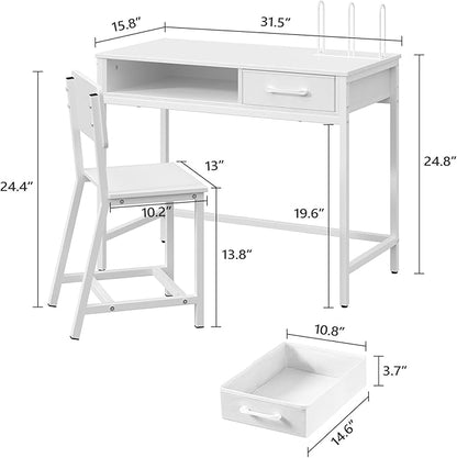 Kids Desk and Chair Set, Student Writing Desk, Kids Study Desk with Book Sorter and Fabric Drawer, Kids Wooden Study Table, for Study, Kids Room, Bedroom, White KDBW11901N1