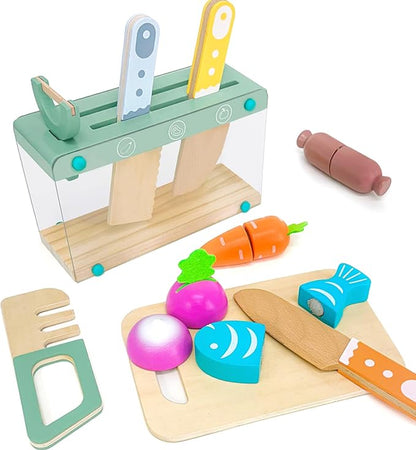 Play Kitchen Accessories, Wooden Play Food Set, 11Pcs Kids Kitchen Accessories with Cutting Board and Knife Set, Kitchen Pretend Play Gifts for 3+ Girls Boys