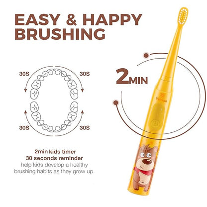 Vekkia Sonic Rechargeable Kids Electric Toothbrush, 3 Modes with Memory, Fun & Easy Cleaning, 24000 Strokes, IPX7 Waterproof, 2-Min Timer for Age 5+, 4 Soft Bristles(Yellow)