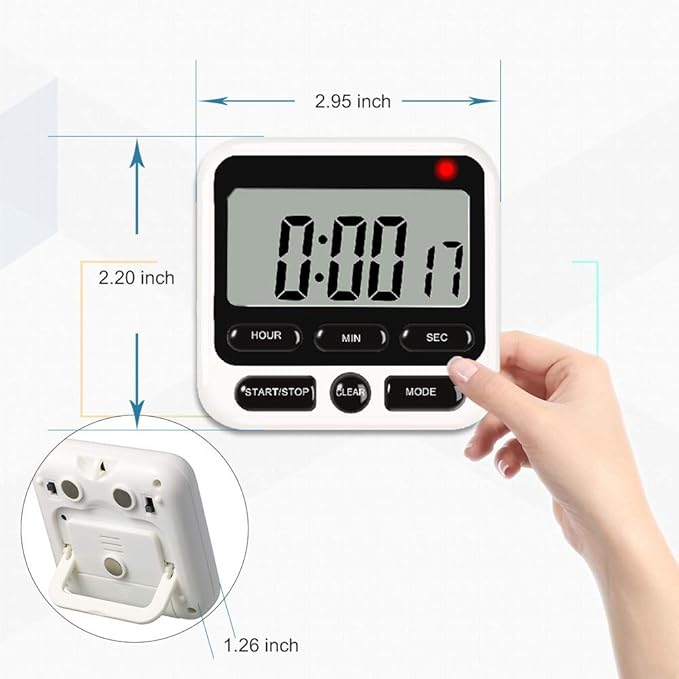 Digital Kitchen Timer with Mute/Loud Alarm Switch ON/Off Switch, 12 Hour Clock & Alarm, Strong Magnet and Simple Operation, Count Up & Count Down for Kids Teachers Cooking, Large LCD Display (Black)