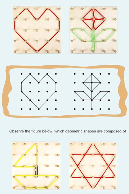 YHZAN Wooden Geoboard Graphing Peg Board Montessori Toddler Sensory Toy Colorful Rubber Bands Pattern Cards Preschool Learning Game