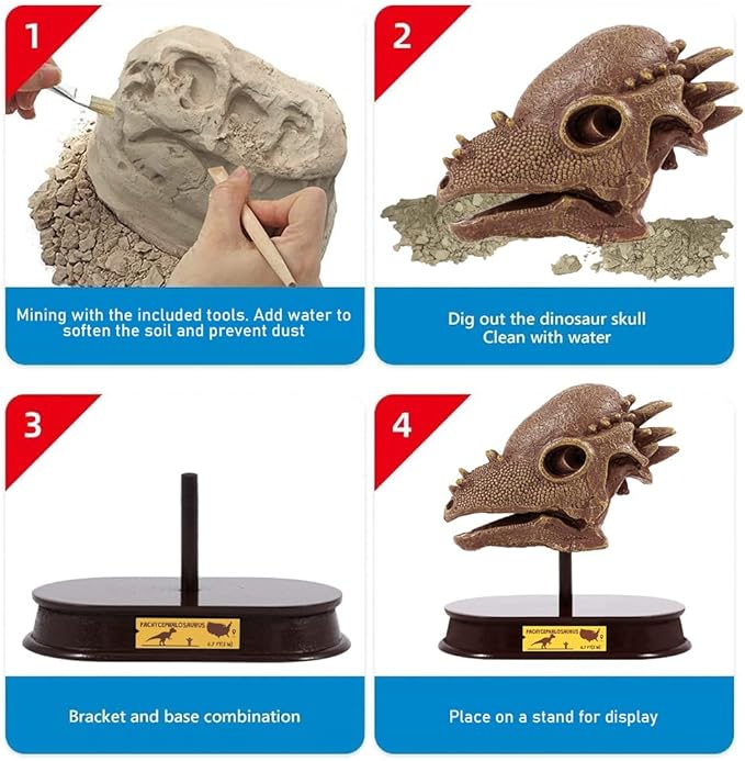 ArtCreativity Dinosaur Excavation Kit for Kids, 5.5” Pachycephalosaurs Skull Excavating Set with Fossil Digging Tools and Stand, Fun Science Activity Toy, Educational Dinosaur Gift for Boys and Girls