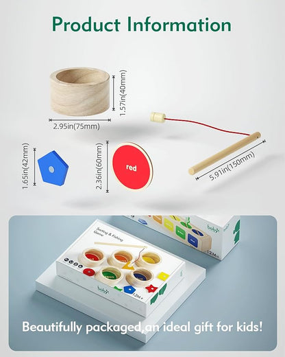 Boby Montessori Toy 2-in-1 Wooden Sorting Cup&Magnetic Fishing Game-Educational Puzzle Toy for Toddlers 1-4 Year Old,Colors Shapes Sorting&Matching Games for Toddlers Developmental Toys