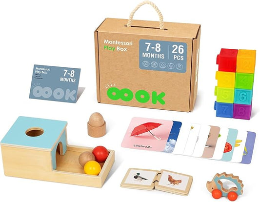 Montessori Baby Toys 6-12 Months, 7 in 1 Educational Toys for Toddlers Early Learning Present (Soft Building Blocks, Object Permanence Box, Rattle, Texture Cards, Wooden Egg, Wooden Book)