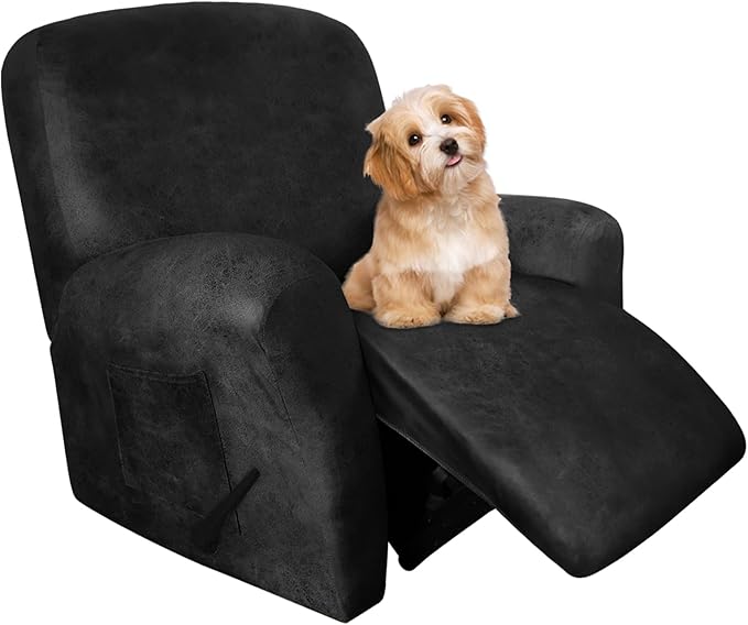 molasofa Recliner Chair Covers - 4 Pieces Leather Like Large Recliner Chair Covers with Pocket Waterproof Non Slip Stretch Recliner Slipcover for Lazy Boy Recliner Chair Washable (Dark Grey)
