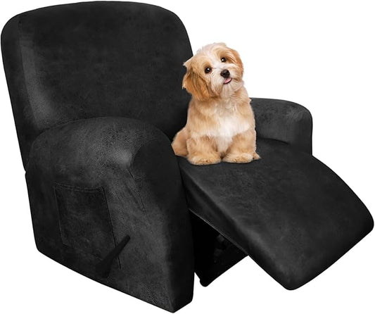 molasofa Recliner Chair Covers - 4 Pieces Leather Like Large Recliner Chair Covers with Pocket Waterproof Non Slip Stretch Recliner Slipcover for Lazy Boy Recliner Chair Washable (Dark Grey)