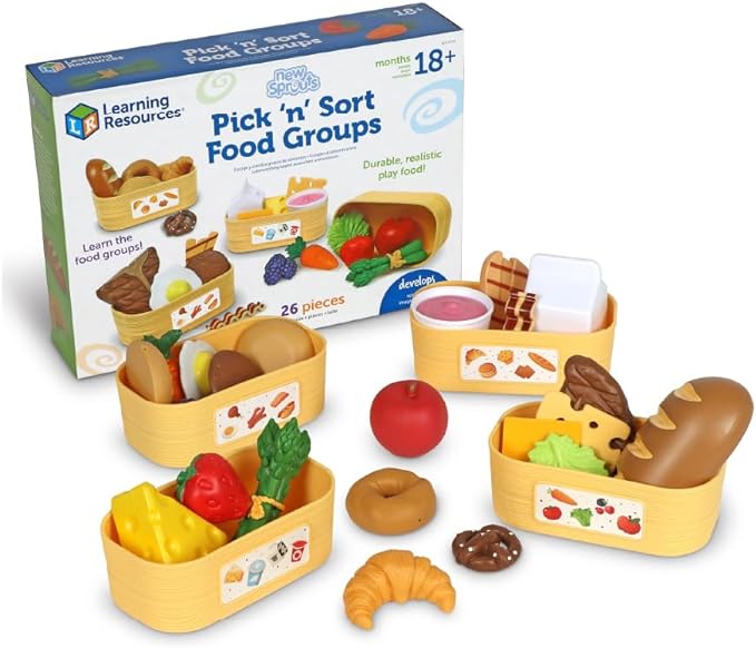 Learning Resources New Sprouts Pick ‘n’ Sort Food Groups, 26 Pieces, Ages 18 Months+, Grocery Store Pretend Play, Play Kitchen Accessories, Play Food for Toddlers