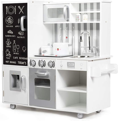 Fireflowery Kids Kitchen Playset, Toddler Kitchen w/Simulated Sound, Accessory Utensils, Blackboard, Sink, Stovetop, Cabinets, Pretend Play Kitchen, Gift for Ages 3+ (Modern)