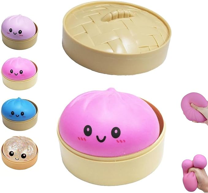 Dumpling Squishies Toy, Giant Glitter Dumpling, Colorful Dumplings Stress Balls Fidget Sensory Toy,Soft Squeeze Decompression Dough with Food Steamer, Stretchy Desk Toys (Pink)