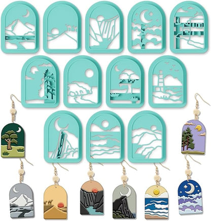 ORIGACH 12 Pcs Mountain Landscape Polymer Clay Cutters,Sun Moon and Scenery Design Clay Cutters for Polymer Clay Jewelry Earrings with a Clear Storage Box