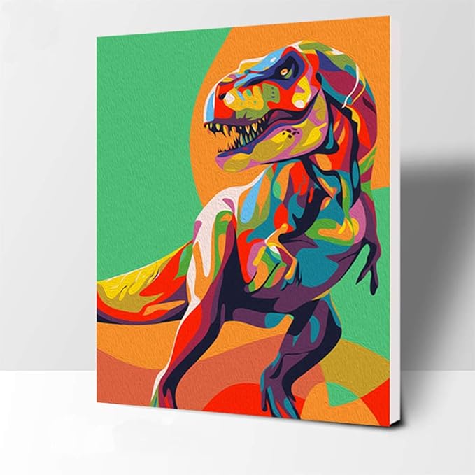 Elftoyer Paint by Numbers for Kids & Adults & Beginner, DIY Canvas Painting Gift Kits for Home Decoration - Colorful Dinosaurs 12 x 16 inch (Wooden Frame)