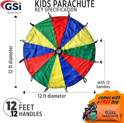 GSi Kids Play Parachute Rainbow Parachute Toy Tent Game for Children Gymnastics Cooperative Play and Outdoor Playground Activities (12 Feet)