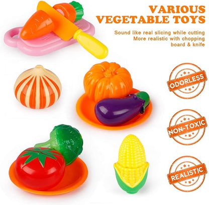 D-FantiX Play Kitchen Accessories, Kids Play Pots and Pans Playset with Mini Stainless Steel Pretend Play Cooking Toys, Cookware Utensils, Apron and Chef Hat, Cutting Food for Toddler Boys Girls