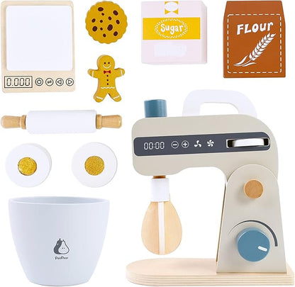PairPear Play Food Stand Mixer, Wooden Toys Bake Cookies Playset, Multi-Function Play Kitchen Accessories for Kids Ages 3+