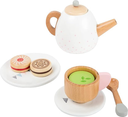 Small Foot Wooden Toys-Premium 17 Piece Toy Tea Playset- Deluxe Play Pretend Food Set Includes Tea Pot, Cookies, Plates and Teacup-Ideal for Toddlers 3+