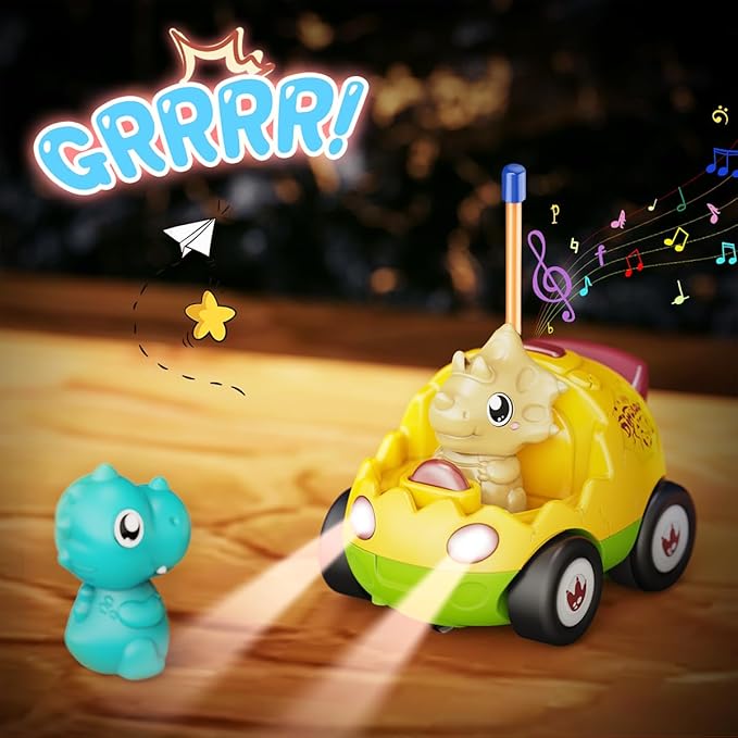 2 Pack Dinosaur Remote Control Cars for Toddlers 2 3 4 5 Years Old - Easter Birthday Gift Ideas for Boys Ages 2-5, Kids Dino Toys RC Vehicle with Lights and Music for Family Fun(Yellow Green)