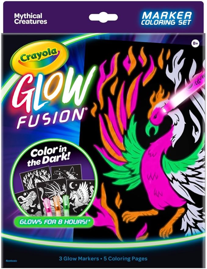 Crayola Glow Fusion, Glow in The Dark Coloring Set with Markers, Mythical Creature Coloring Pages, Gift for Kids