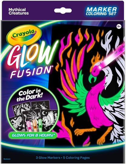 Crayola Glow Fusion, Glow in The Dark Coloring Set with Markers, Mythical Creature Coloring Pages, Gift for Kids