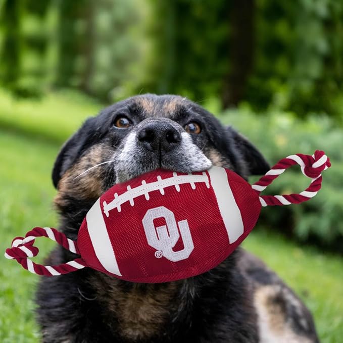 Pets First NCAA Oklahoma Sooners Football Dog Toy, Tough Quality Nylon Materials, Strong Pull Ropes, Inner Squeaker, Collegiate Team Color
