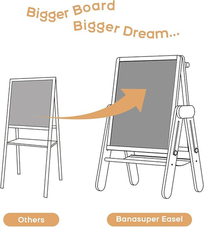 BanaSuper Kids Art Easel - Double-Sided Foldable Wooden Art Easel with Magnetic Chalkboard and Whiteboard, Portable Art Station with Paper Roll Holder for Creative Play