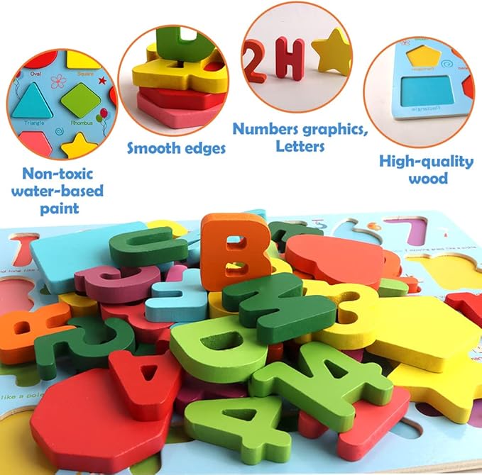 Puzzles for Toddlers, 3 Pack Wooden ABC Alphabet Number Shape Puzzles Toddler Learning Toys for Kids Boys and Girls 2-4, Preschool Educational Toys Gift for Kids Ages 1 2 3 4 5