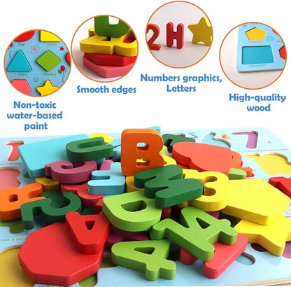 Puzzles for Toddlers, 3 Pack Wooden ABC Alphabet Number Shape Puzzles Toddler Learning Toys for Kids Boys and Girls 2-4, Preschool Educational Toys Gift for Kids Ages 1 2 3 4 5