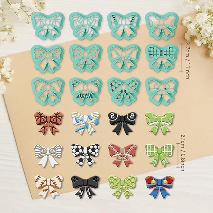 ORIGACH 12 Pcs Bow Shape Polymer Clay Cutters, Bow with Sports Ball Pattern Design Clay Cutters for Polymer Clay Jewelry Earrings with a Clear Storage Box