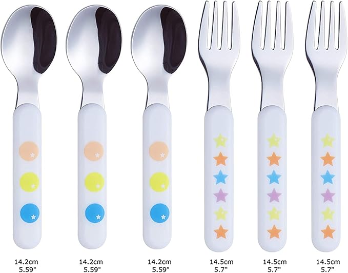 EXZACT Kids Flatware 6pcs Stainless Steel 18/10 Toddler Utensils Flatware- 3 x Forks, 3 x Spoons- BPA Free, Dishwasher Safe - 12 M+ - Stars & Dots