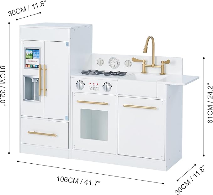 Teamson Kids Little Chef Charlotte Modern Modular Interactive Wooden Play Kitchen with Refrigerator, Stove and Sink in White with Gold Finishes