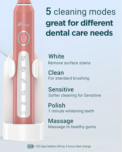 Rtauys M5 Sonic Electric Toothbrush for Adults and Kids - Rechargeable Electric Toothbrush Kids Ages 12+ and Adults with 8 Brush Heads & Travel Case, 120 Days Battery Life - Rosered