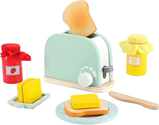 WHOHOLL Wooden Kitchen Toys, Pop-Up Toaster for Kids Play Kitchen, Bread Maker Toy Kitchen Appliances, Play Kitchen Accessories for Toddlers Early Learning, Pretend Play Food Sets for Girls and Boys